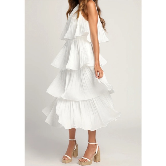 LULU'S SZ S Tier and Far White Tiered Pleated Halter Midi Dress - Picture 2 of 15